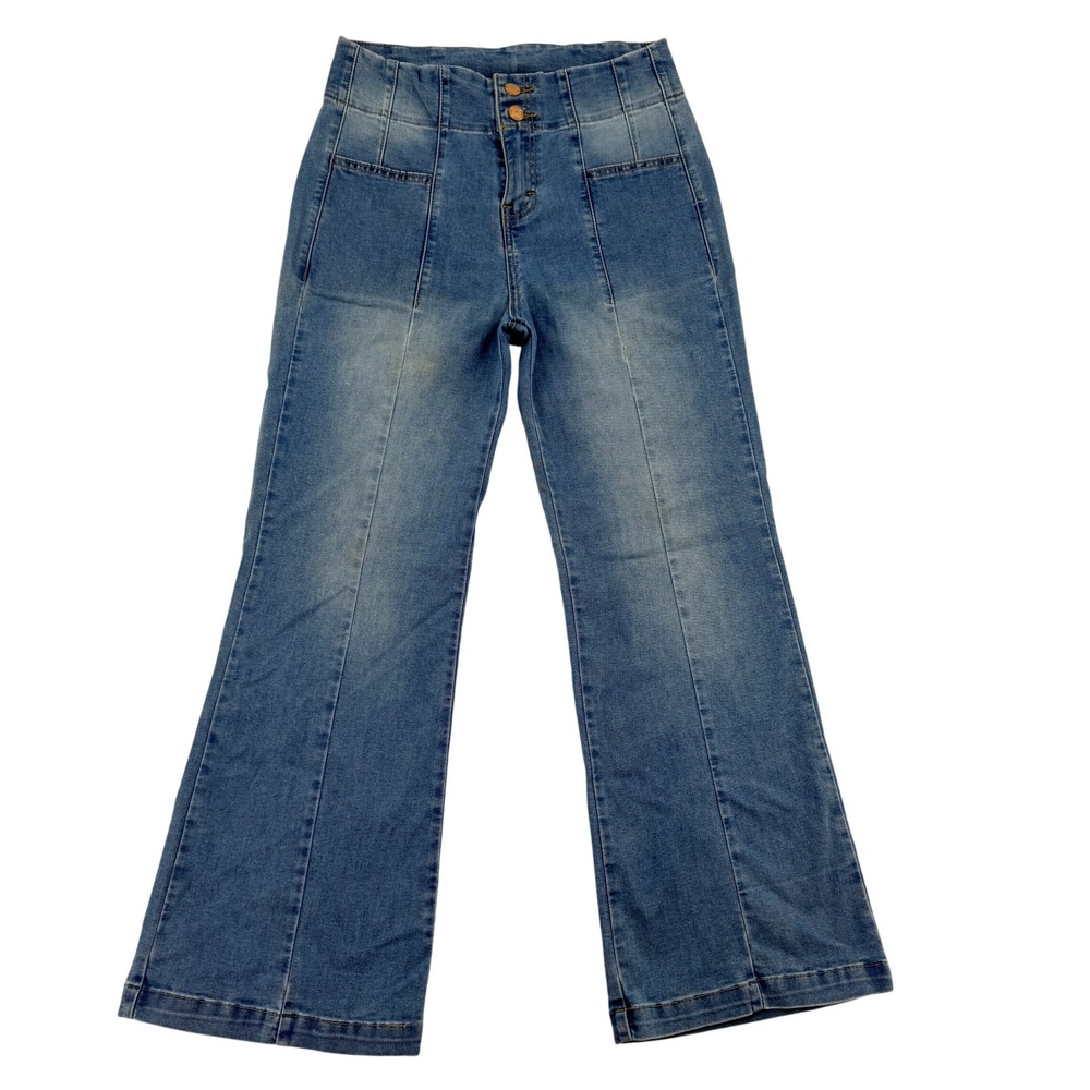 Julys & JK Womens High Waisted Flare Jeans Blue Seam Front JK1739 Size 7 Y2K